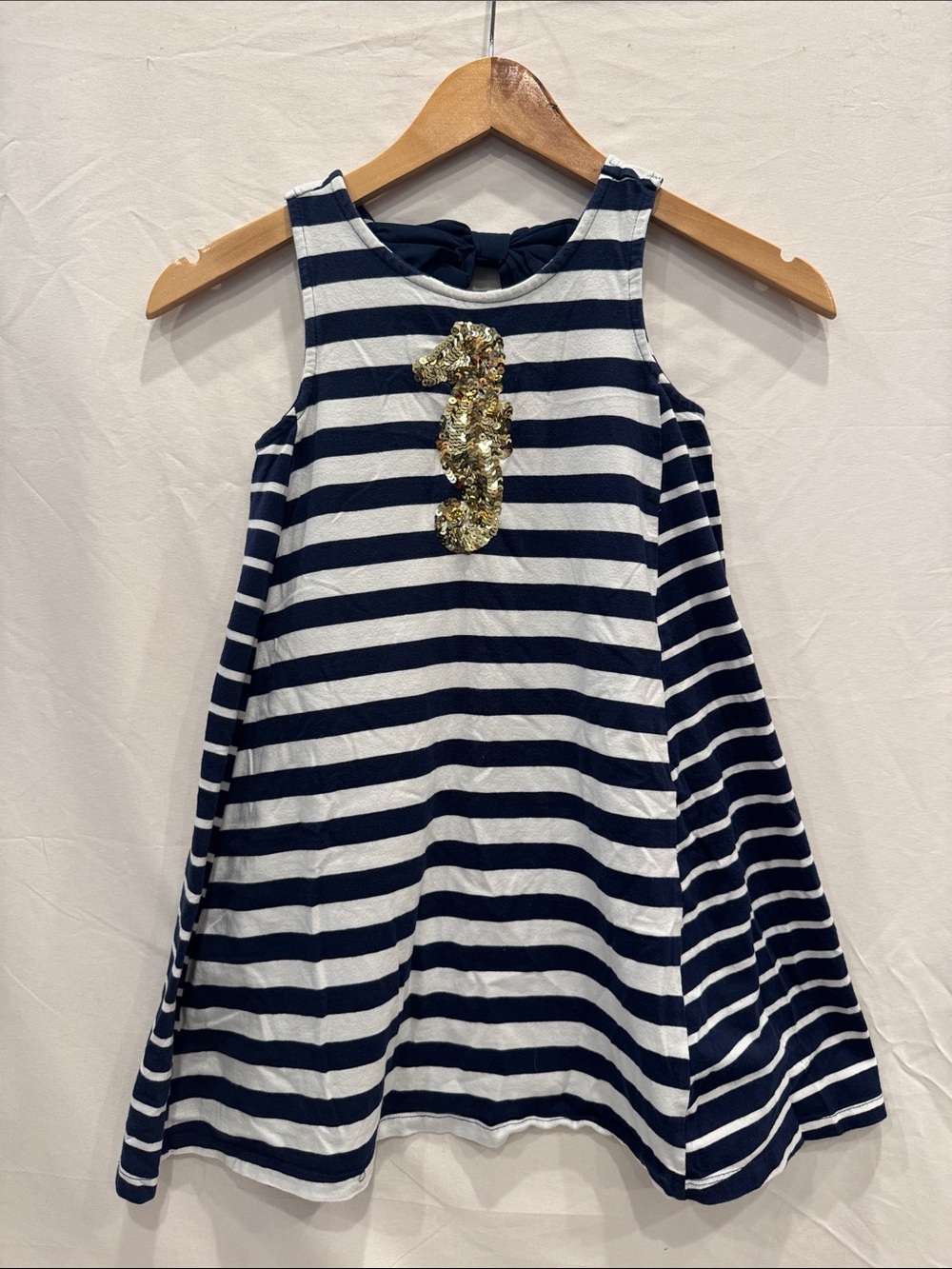 Tommy Bahama Girls Navy & White Striped Dress 7 with Gold Sequin Seahorse